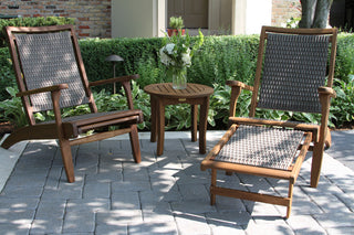 3-Piece Eucalyptus and Wicker Lounger Set With Ottoman and Round Accent Table