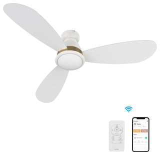 CARRO 52" Flush Mount Ceiling Fan with Dim Light and Remote 10 Speed, White/Gold
