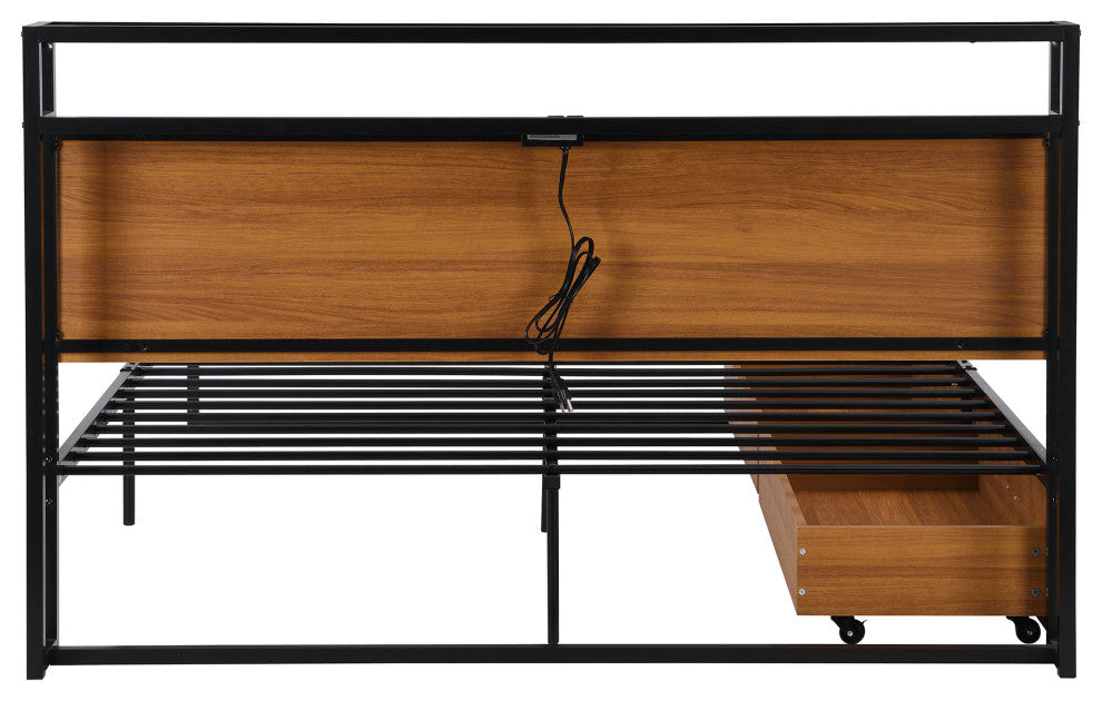 Full/Queen Metal Frame Wood Platform Bed with Two Drawers,Sockets and USB Ports,