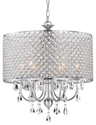 5-Light Chrome Round Beaded Drum Chandelier With Hanging Crystals