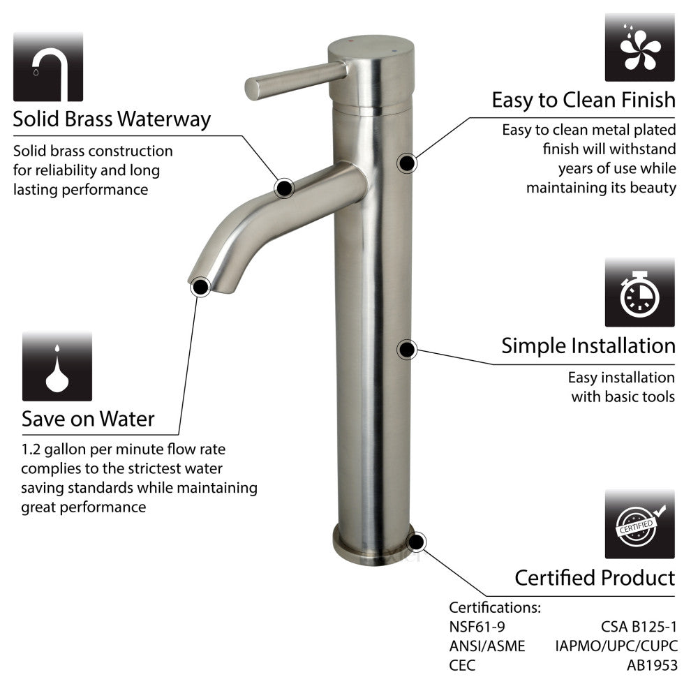 Luxier BSH03-T Single Hole Vessel Bathroom Faucet with Drain, Brushed Nickel