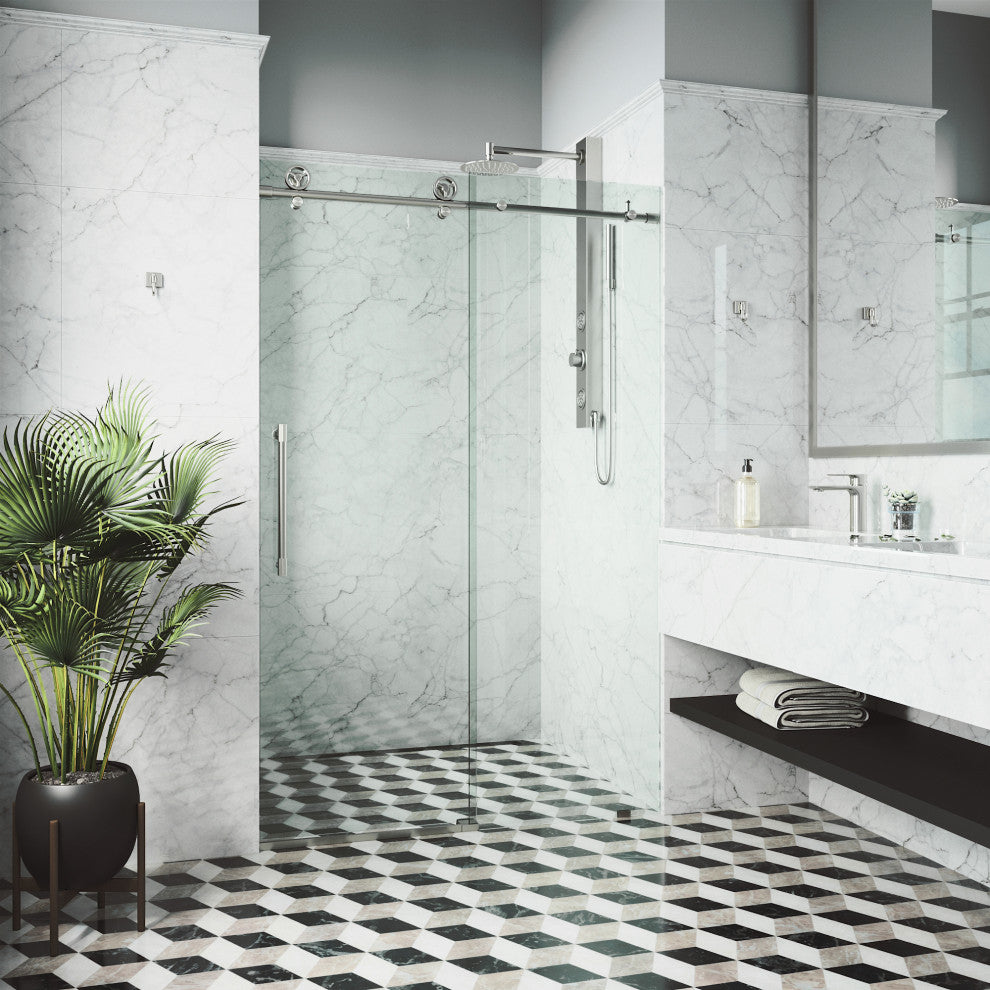VIGO Elan Cass Aerodynamic 60" to 64" W x 76" H Frameless Sliding Shower Door, Stainless Steel, Clear Glass