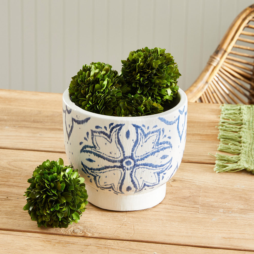 Mediterranean Blue White Medallion Planter Round Graphic Floret Coastal Pottery