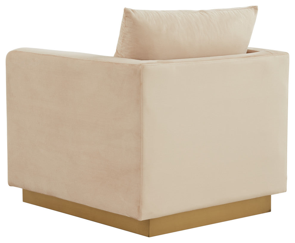 LeisureMod Nervo Modern Velvet Accent Arm Chair With Gold Base, Beige
