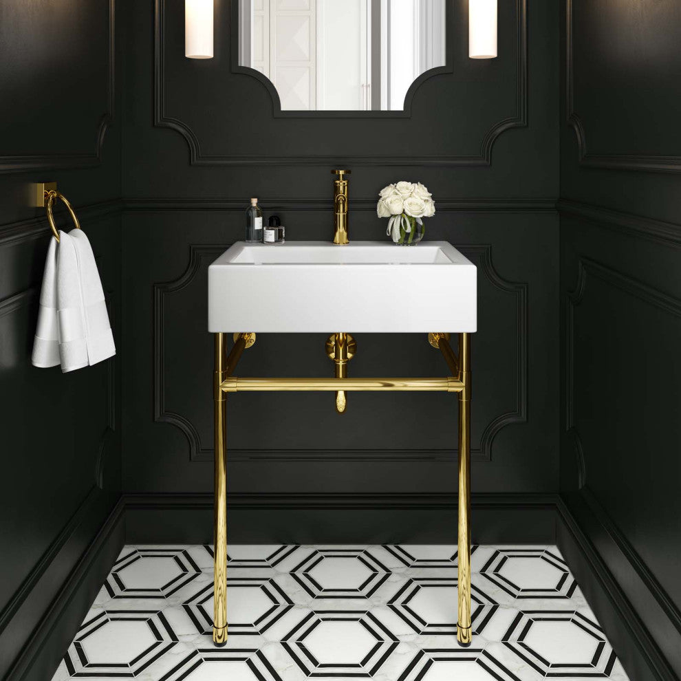 Sink Vanity, Wall Mount, White Gold, Ceramic, Stainless, Modern, Bathroom