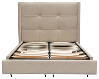 Queen Bed With Integrated Footboard Storage Unit and Accent Wings, Sand Fabric