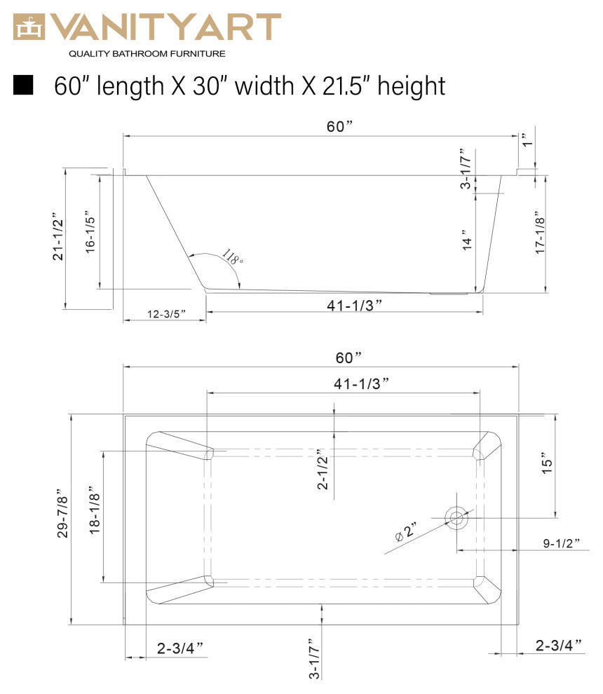 Vanity Art Alcove Soaking Acrylic Bathtub, White/Brushed Nickel, 60"x30", Right