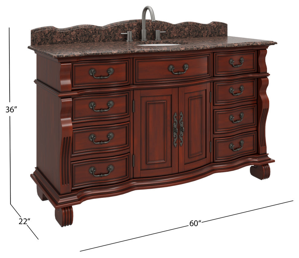 60 inch Cherry Wood Hopkinton Bathroom Sink Vanity Baltic Brown Stone Top, Cherry, 60", Single Sink, Freestanding, With Mirror