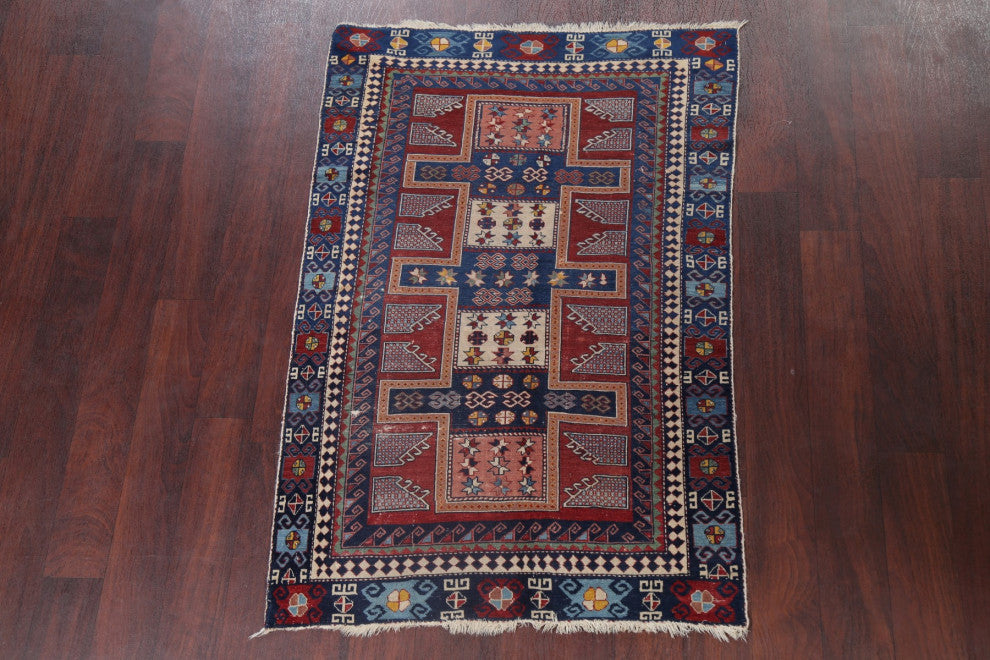 Consigned, Antique Russian Oriental Traditional Hand-Knotted Area Rug, Blue, 3x4