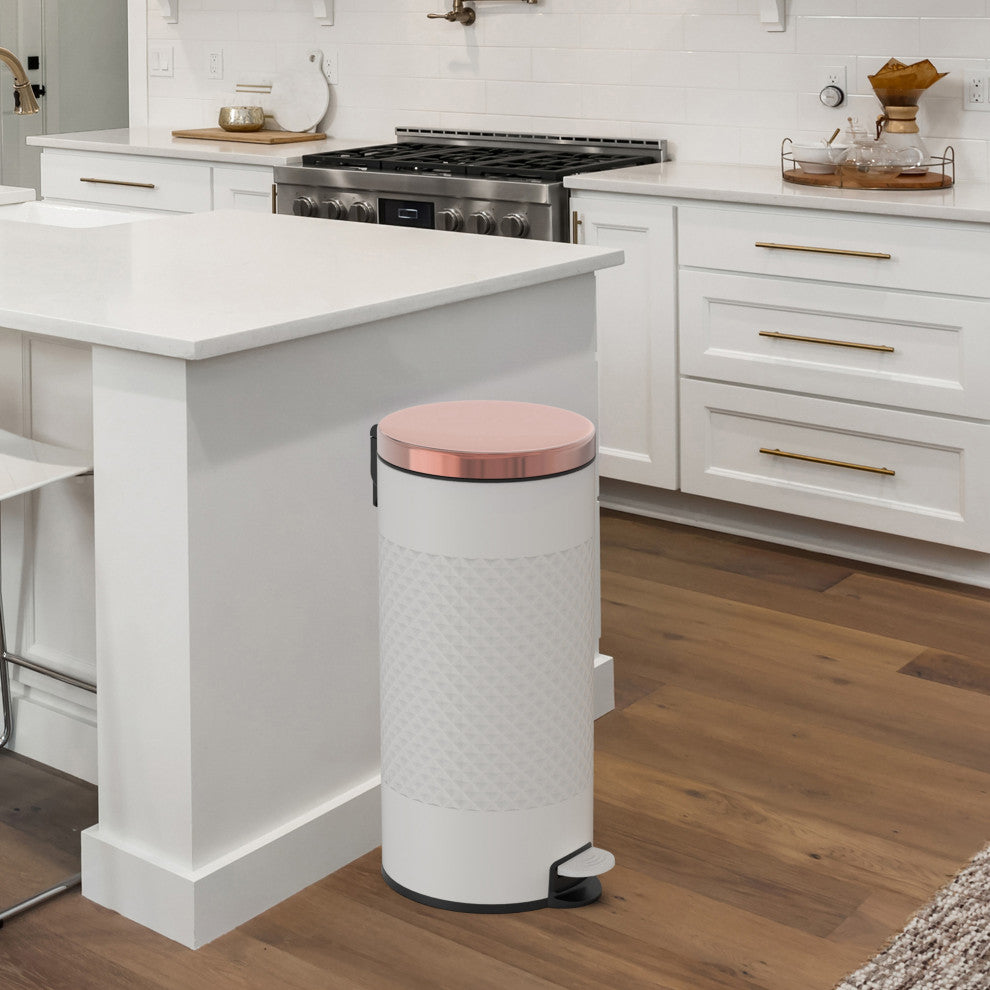 8 Gal White Metal Round Shape Step-on Trash Can with Diamond Body