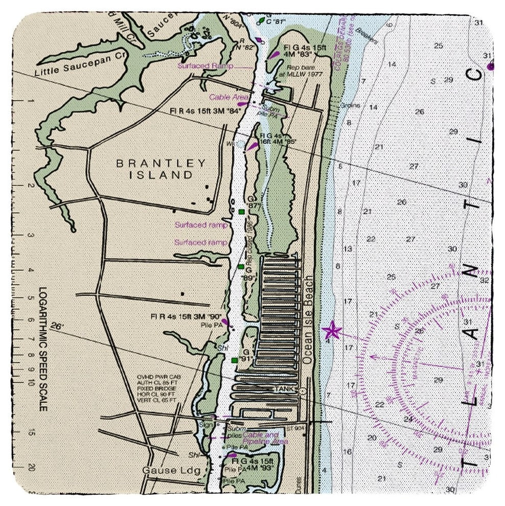 Ocean Isle, NC Nautical Map Coaster - 3 Sets of 4 (12 Total) Set of 4