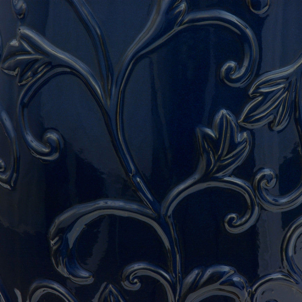 18" Dark Blue Carved Flowers Porcelain Garden Stool