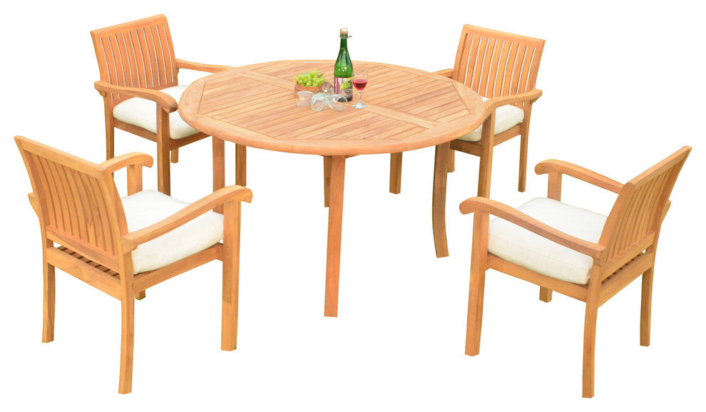 Outdoor 5-Piece Dining Set With Round Table and Chairs, 48", Canvas White
