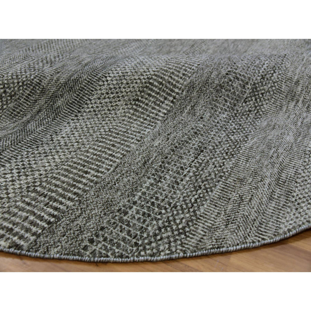 Solid Gray Hand Knotted Undyed Wool Modern Grass Design Round Rug 7'10"x7'10"