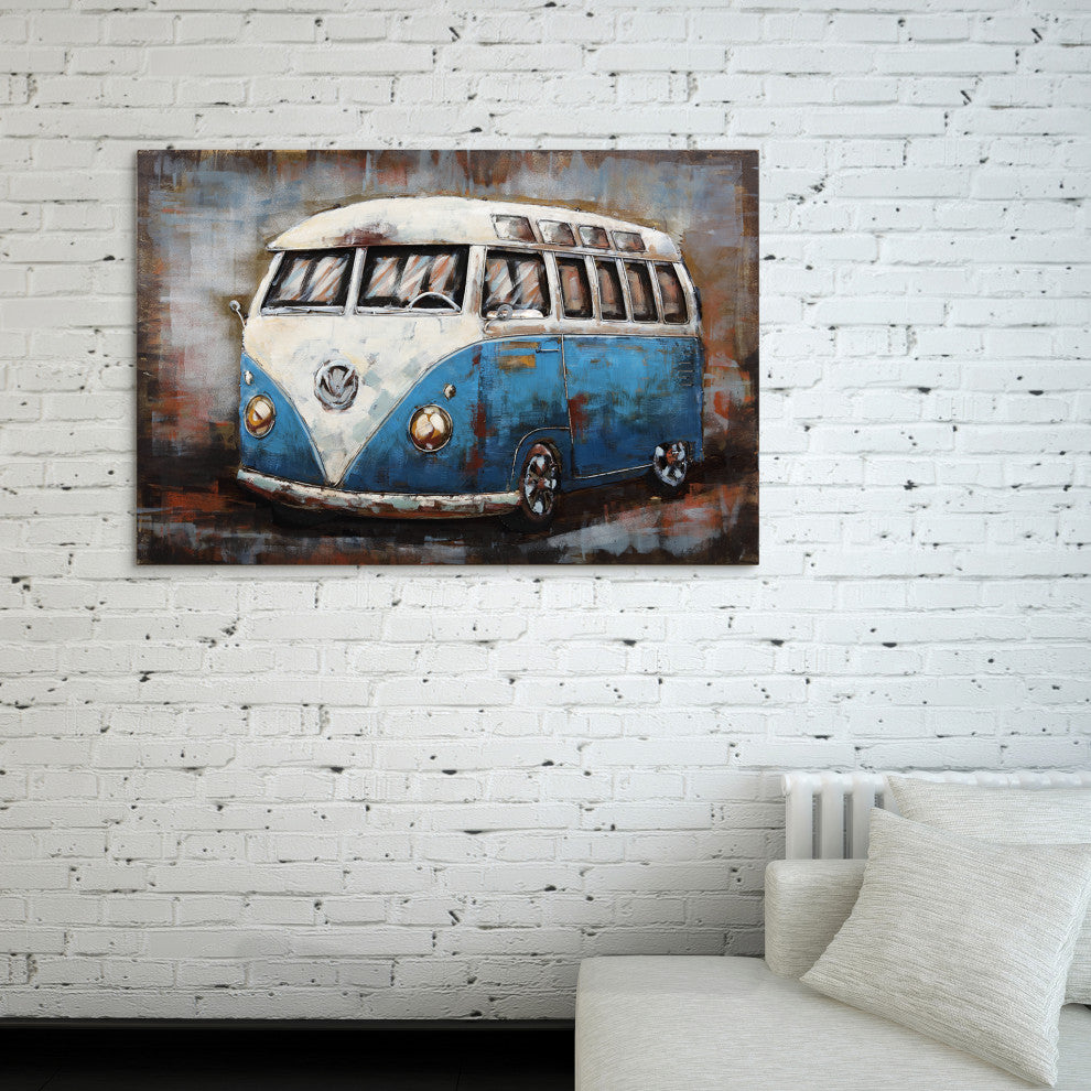 "Blue Bus" Wall Art Mixed Media Iron Hand Painted Dimensional Wall Sculpture