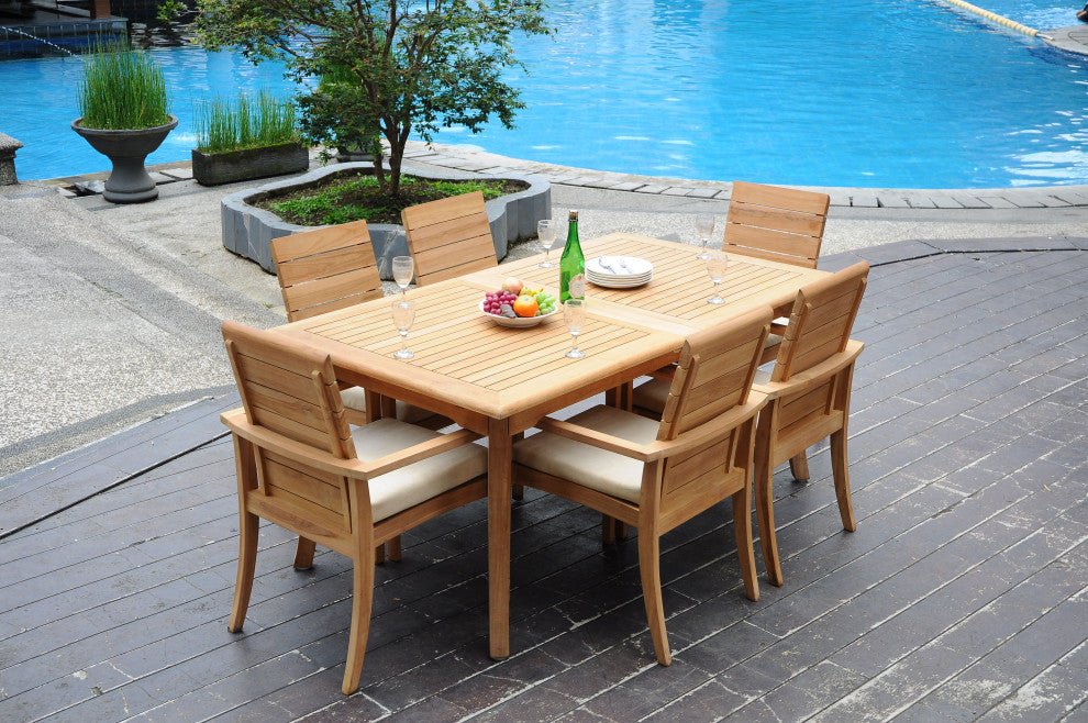 7-Piece Outdoor Teak Dining Set: 94" Rectangle Table, 6 Alps Stacking Arm Chairs