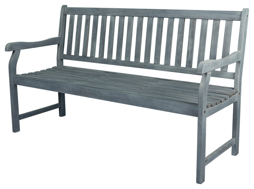 Laurel 59.1" 3-Seat Slat-Back Acacia Wood Outdoor Garden Patio Bench, Gray