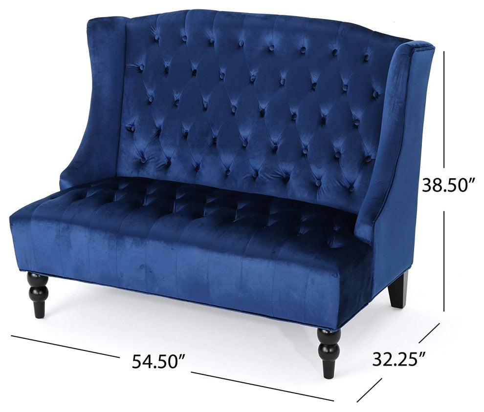 Traditional Tufted Velvet Wingback Loveseat, Navy Blue