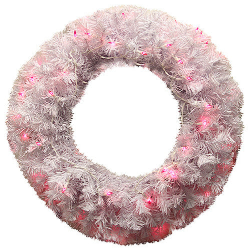 24" Pre-Lit White Cedar Pine Artificial Christmas Wreath, Pink Lights