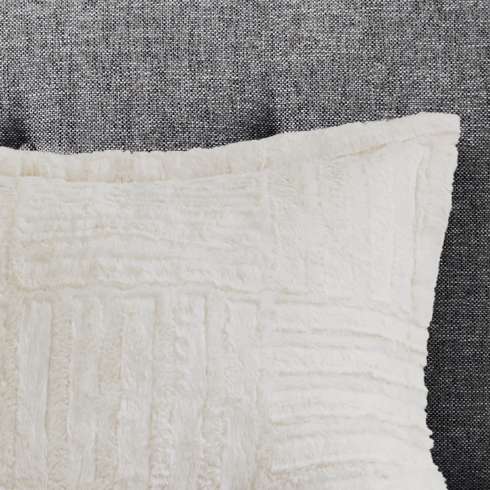 Madison Park Checkboard Brushed Long Fur Comforter Mini Set, Ivory, Full/Queen