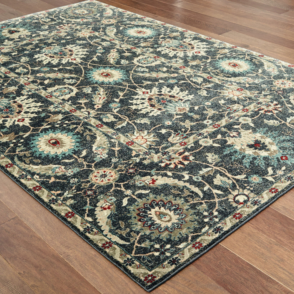 Raquel Traditional Floral Navy/ Ivory Area Rug, 9'10"x12'10"