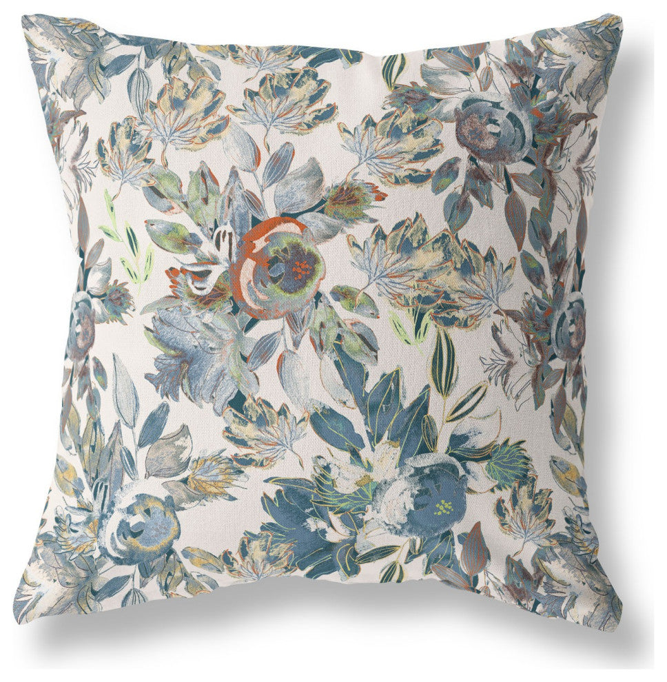 18" Blue White Florals Indoor Outdoor Zippered Throw Pillow