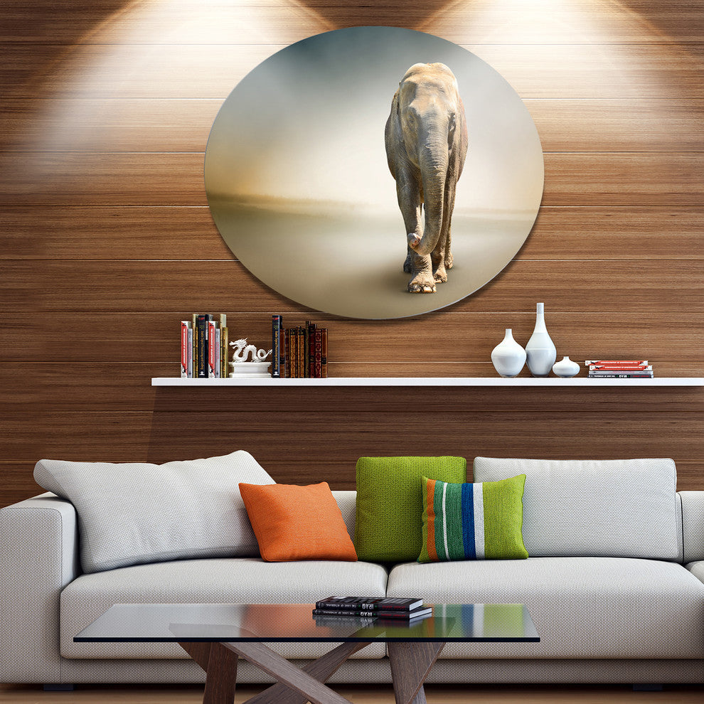 Smart Elephant Walking, Animal Round Metal Wall Art, 23"
