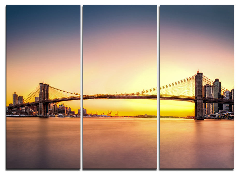 "Brooklyn Bridge Panorama Yellow Sky" Metal Wall Art, 3 Panels, 36"x28"
