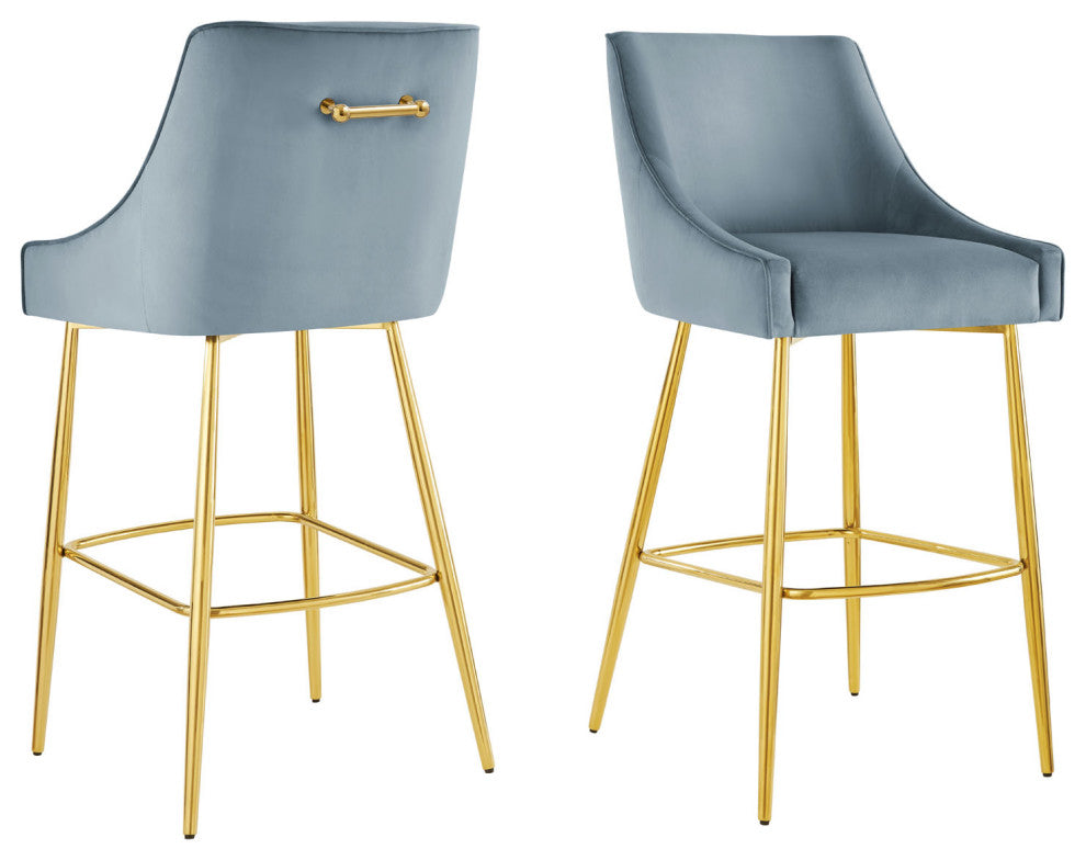 Bar Stool Chair Barstool, Set of 2, Blue, Velvet, Modern, Mid Century Lounge
