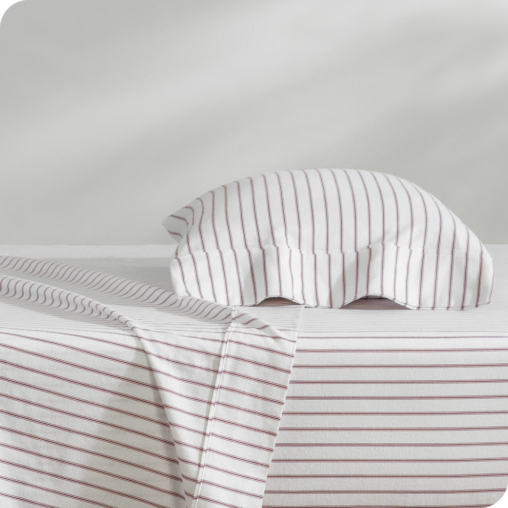 Bare Home Cotton Flannel Sheet Set, Ticking Stripe - White/Burgundy, Twin Xl