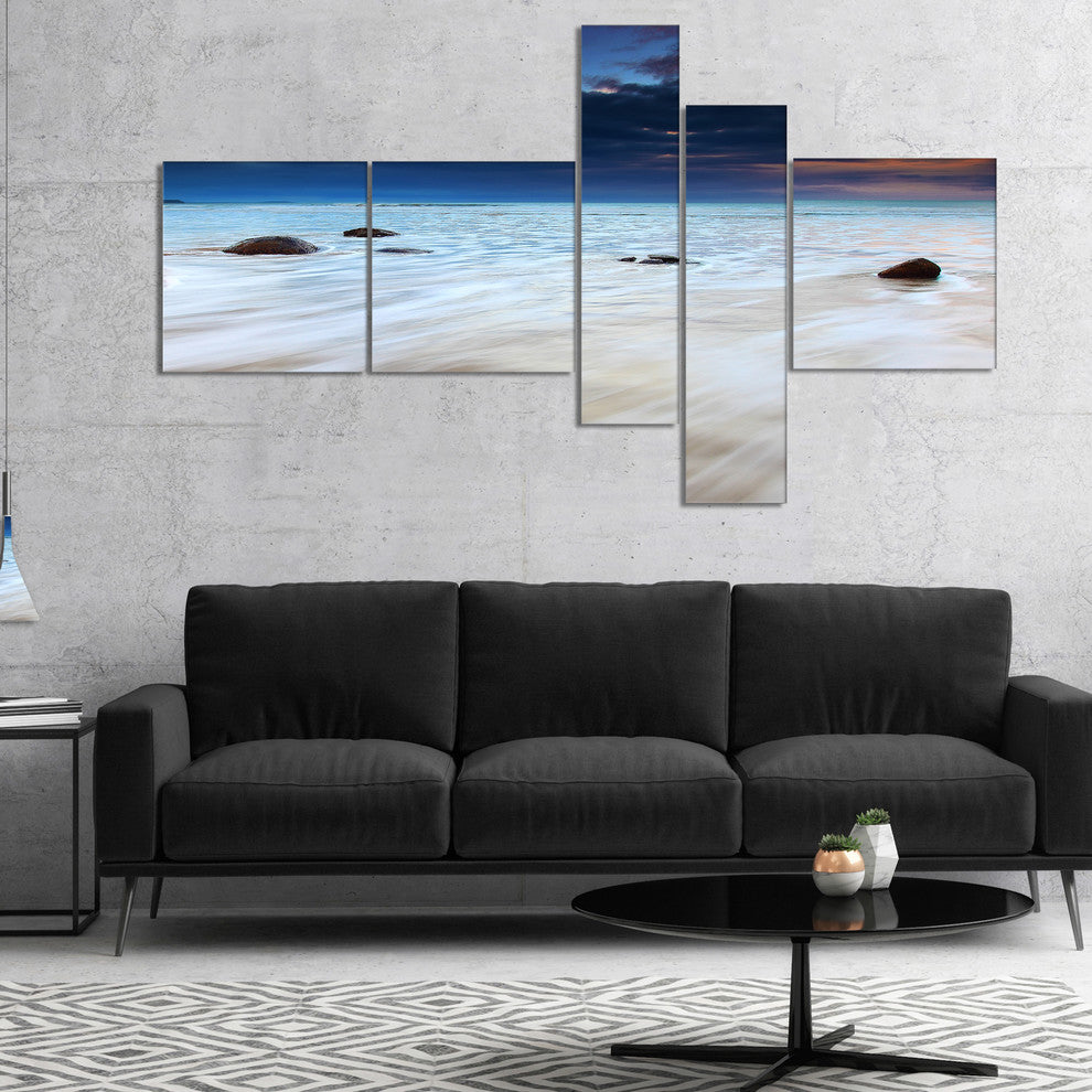 White Waves Over Moeraki Boulders, Seashore Photo Canvas Art, 60"x32", 5 panels