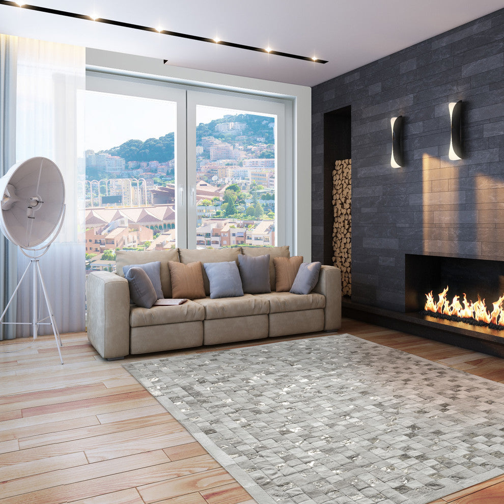 Cowhide Patchwork Rug, Hera, Platinum, 9'x12'