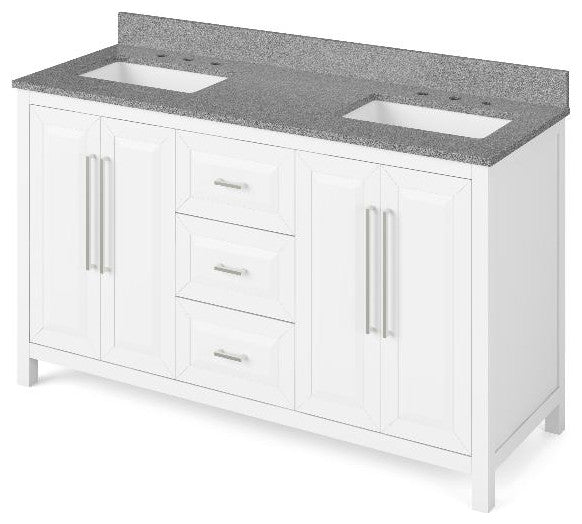 Cade Transitional 60" White Double Sink Vanity, Steel Grey Cultured Marble Vanit