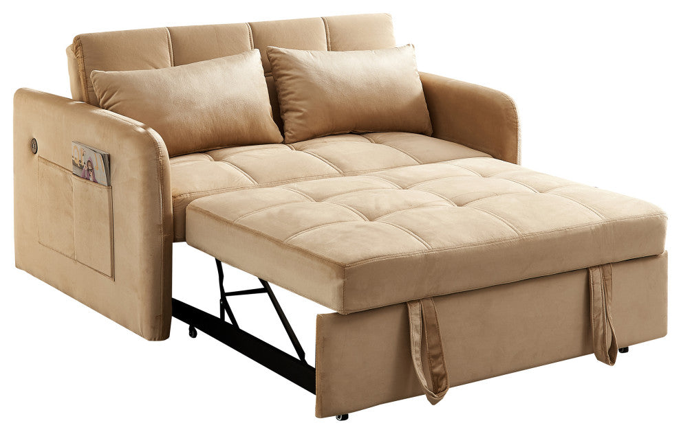 Gewnee 55.5"Twins Pull Out Sofa Bed Khaki Velvet, Khaki
