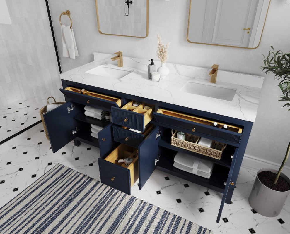 Sonoma 72 Double Sink Reeded Bath Vanity in Hale Navy Blue 2" Calacatta Laza