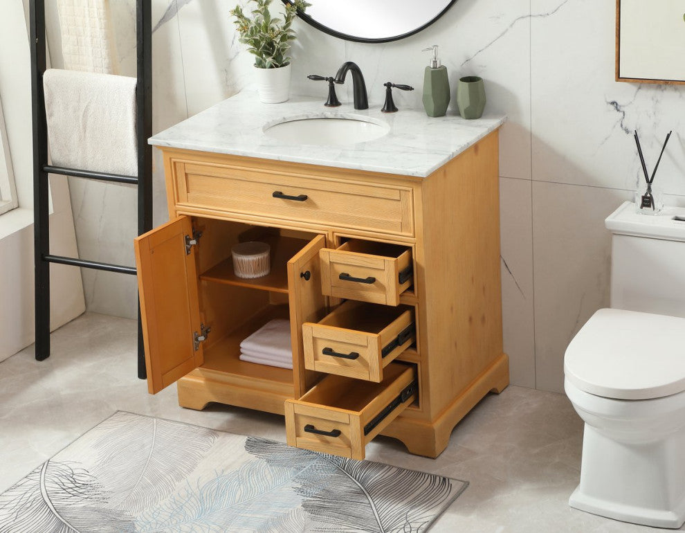Amber Single Bathroom Vanity, Blue, Natural Wood, 36"