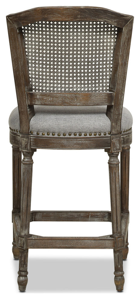 Triomphe 26.5" Oak Rattan Wicker Counter Stool, Heathered Gray Linen