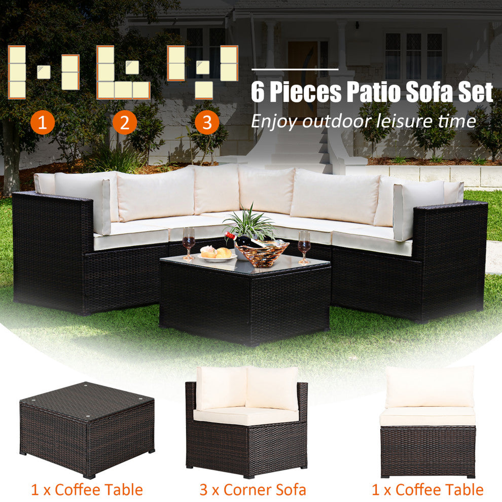 Costway  6PCS Patio Rattan Furniture Set Sectional Cushioned Sofa Deck Beige