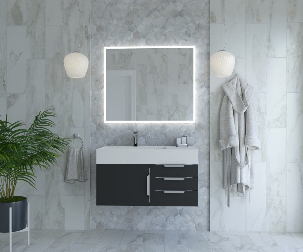 CastelloUSA Amazon 36" Wall Mount Vanity Set, Black, White Top, Chrome Handles