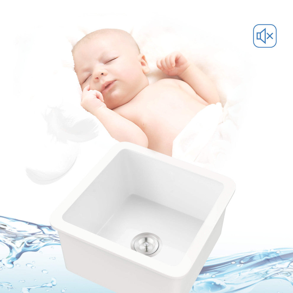 18" White Fireclay Farmhouse Undermount Kitchen Sink With Bottom Grid and Strain