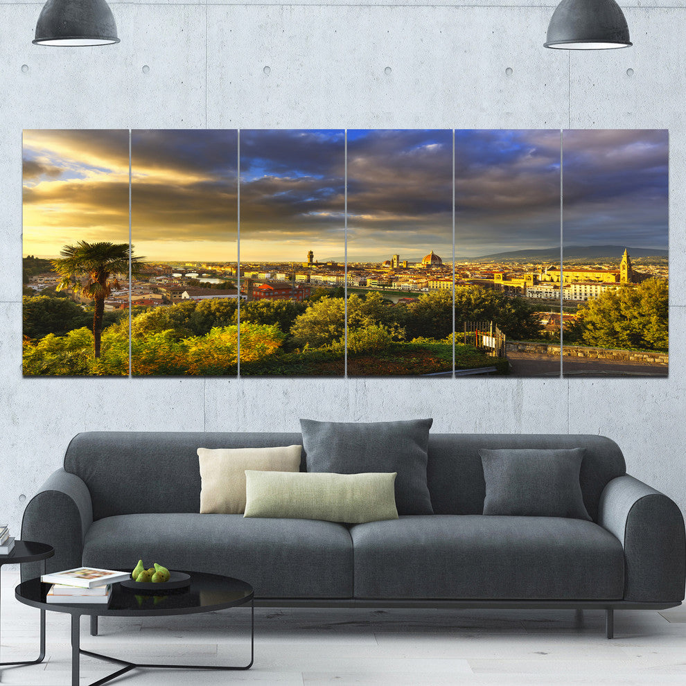 Florence Sunset Aerial View, Landscape Canvas Art Print, 70"x28", 6 Panels