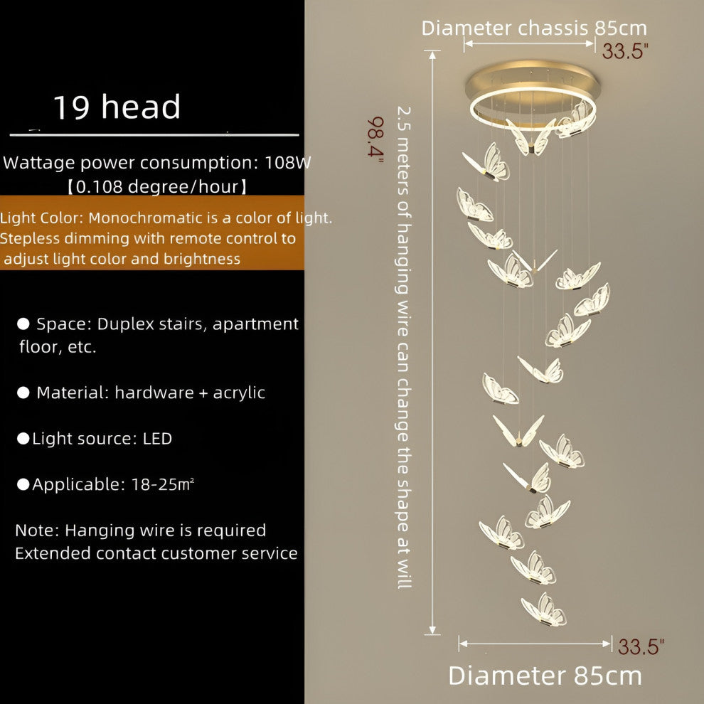 Camogli | Beautiful LED Chandelier with Hanging Butterflies, 19 Heads, Cool Light