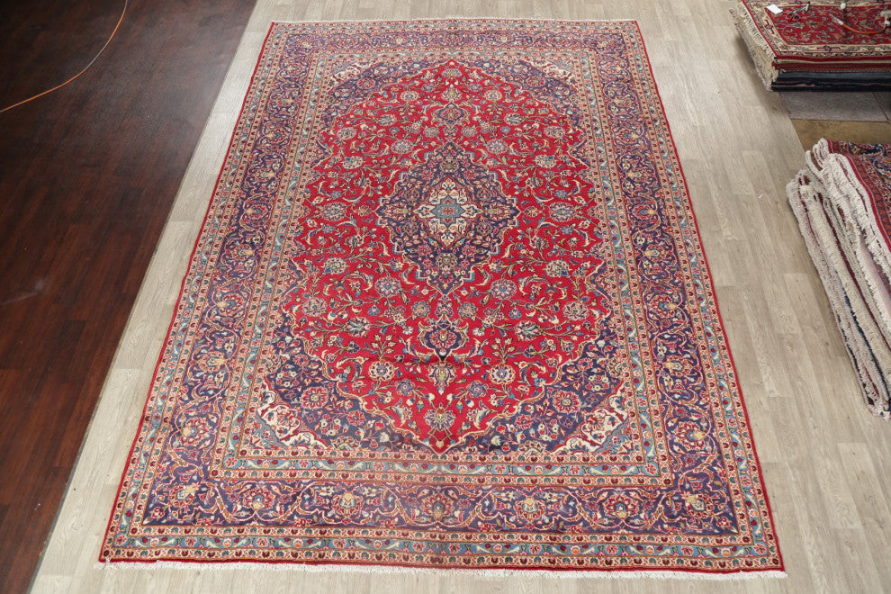 Consigned, Oriental Persian Handmade Vintage-Style Low Pile Area Rug, Red, 10x13
