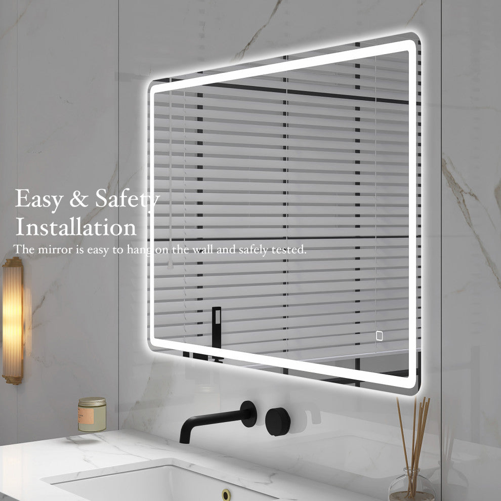 Rectangular Frameless Wall-Mount Anti-Fog LED Light Bathroom Vanity Mirror, 28x4
