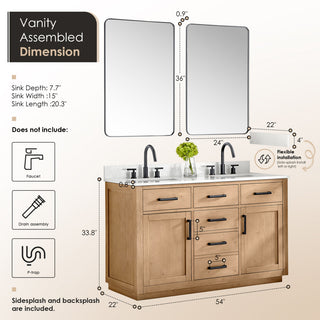 Gavino Vanity With Grain White Composite Stone Top, Light Brown/Matte Black, 54", With Mirror