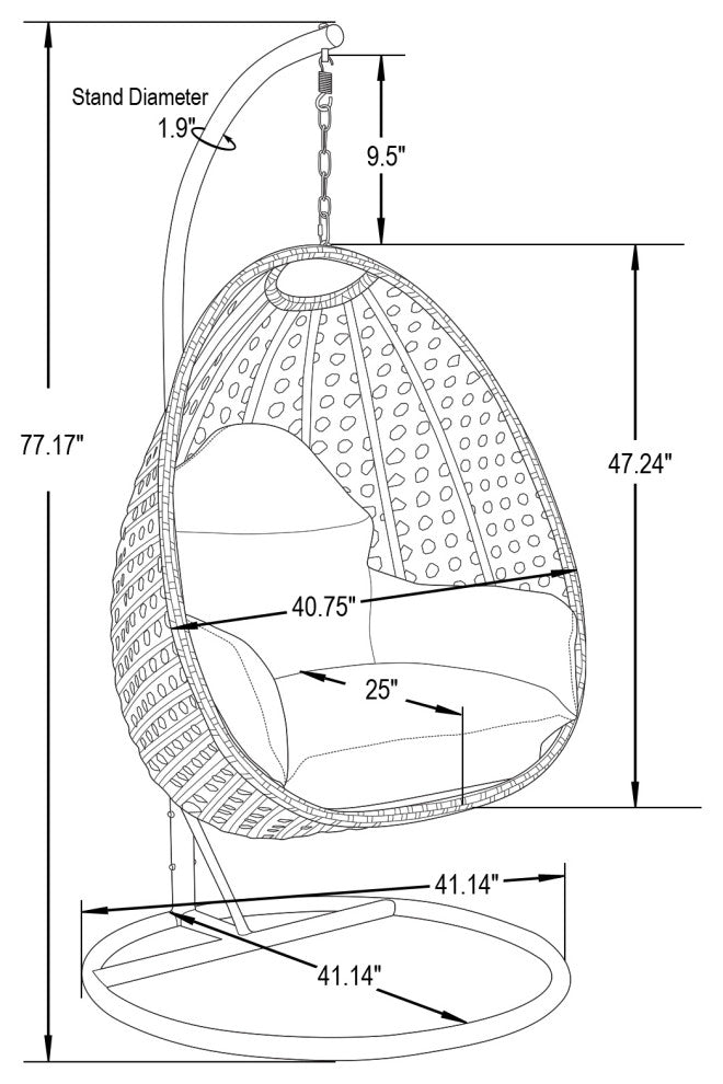 LeisureMod White Wicker Hanging Egg Chair With Stand and Cushion, Beige