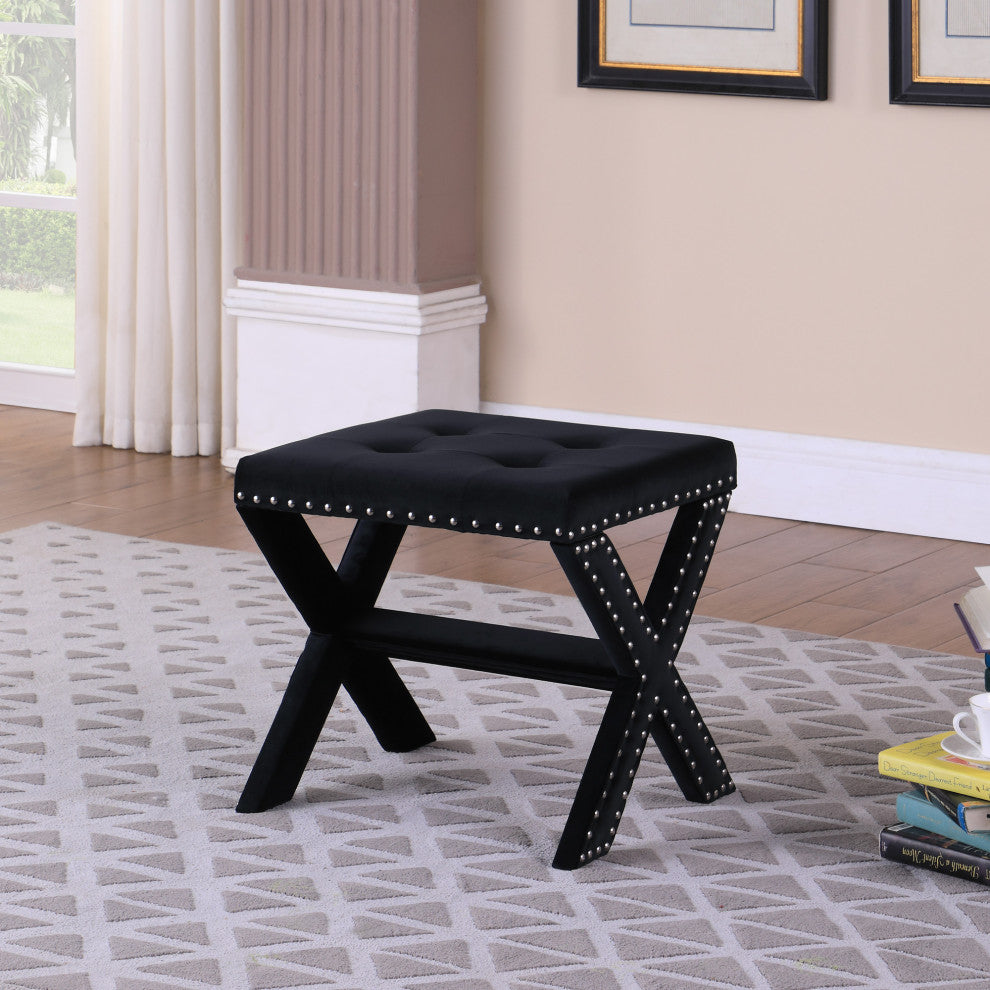 Seward Velvet Accent Bench With Silver Nail Heads, Black