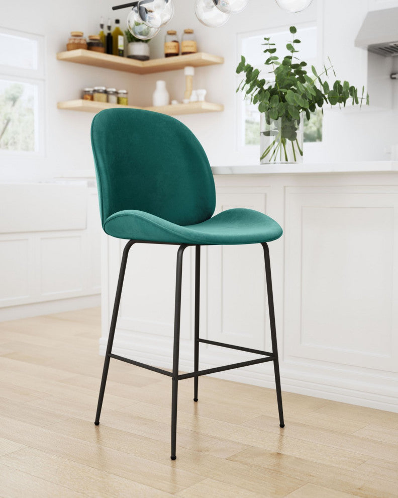 Counter Stool Chair, Steel Metal, Fabric, Green, Black, Bar Kitchen Cafe Bistro