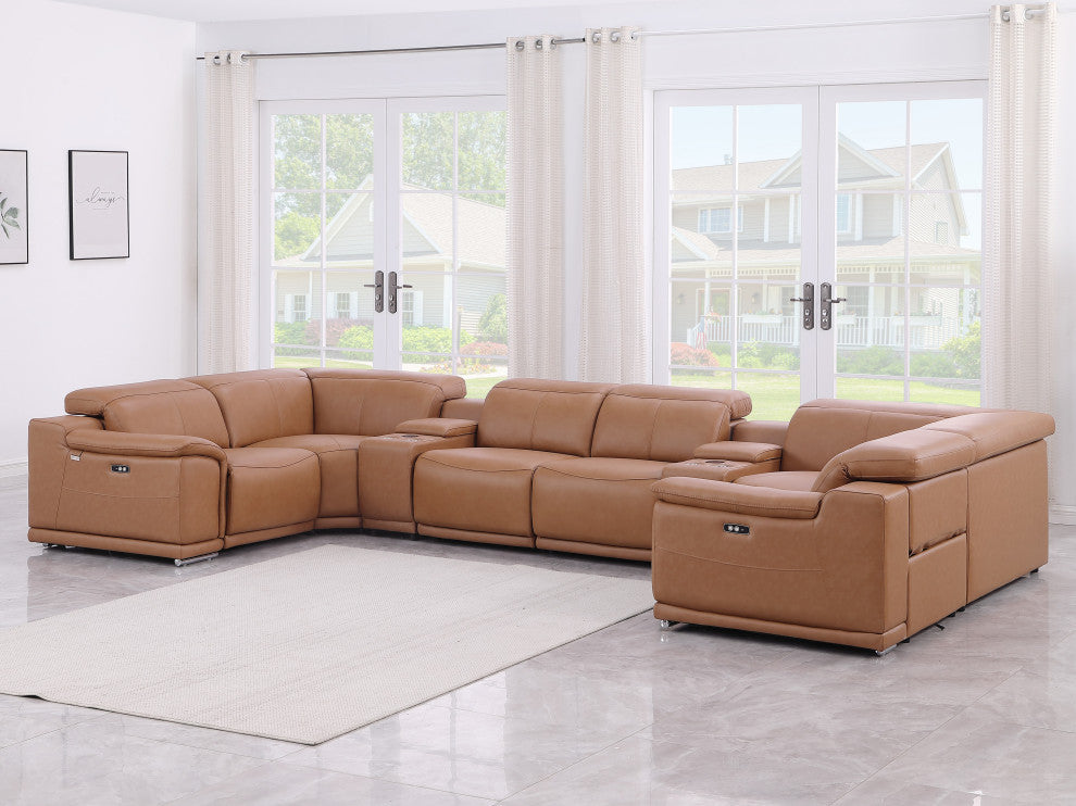 Federico 8-Piece Top Grain Italian Leather U Sectional-4 Power Recliners, Cognac