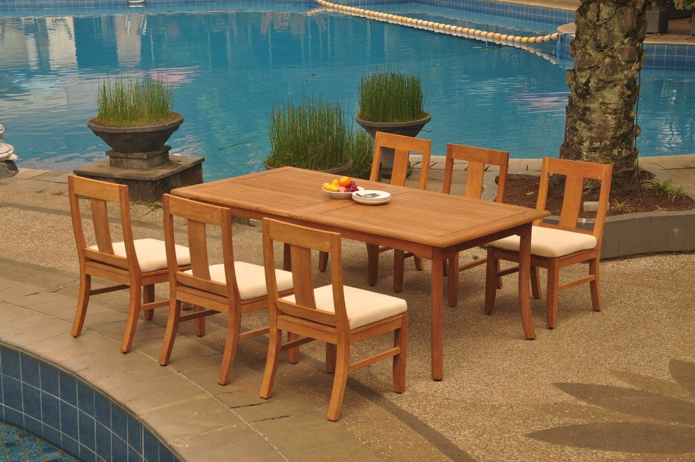 7-Piece Outdoor Teak Dining Set, 117" Extn Rectangle Table, 6 Osbo Armless Chair